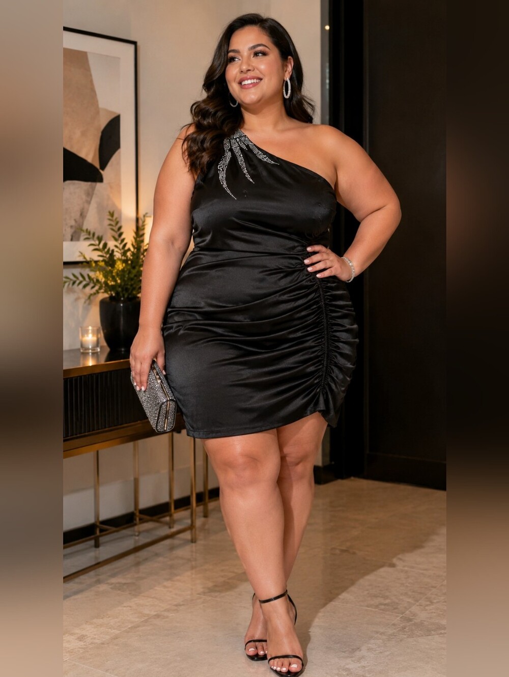 City Triangles Plus Size One Shoulder Satin Embellished Party Cocktail Dress 3XL